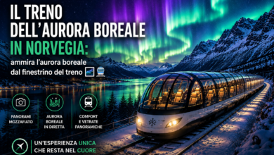 Treno panoramico in Norvegia che attraversa fiordi e montagne innevate mentre l'aurora boreale illumina il cielo durante una notte d'inverno.